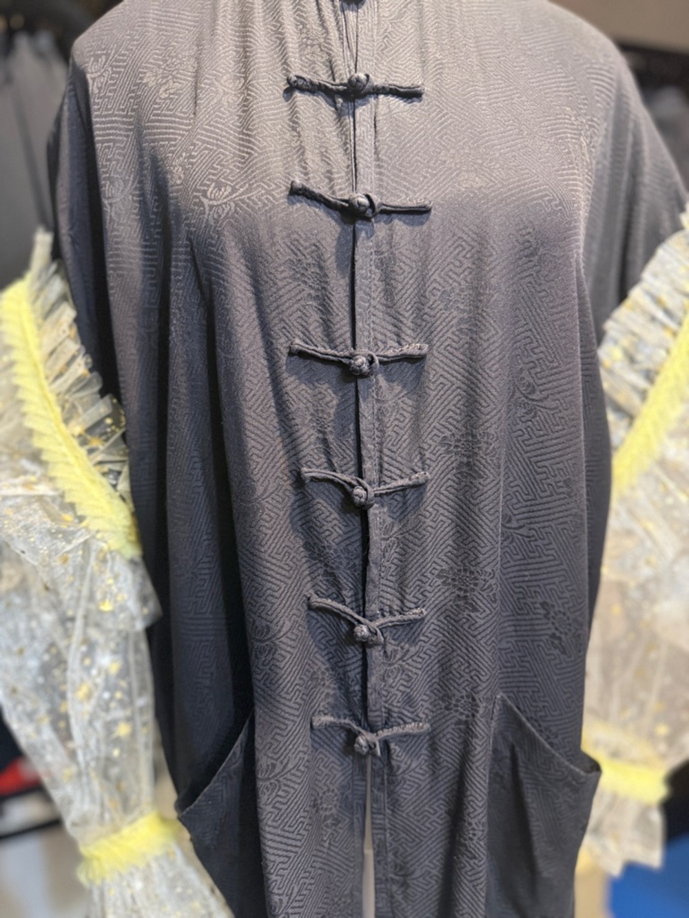 Black Silk Shirt with Oversized Puffy Tulle Sleeves - Picture 8 of 10